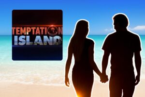 sfondo spiaggia logo temptation island e sagoma coppia