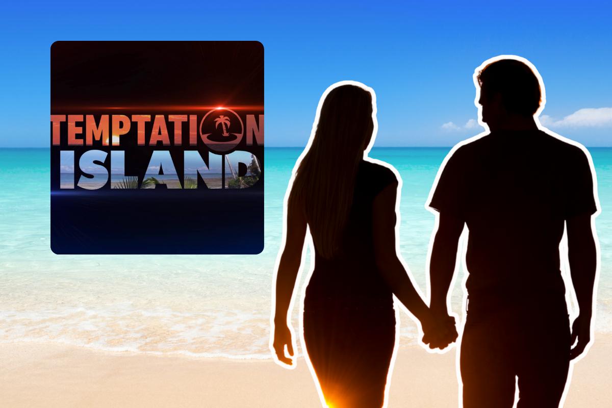 sfondo spiaggia logo temptation island e sagoma coppia